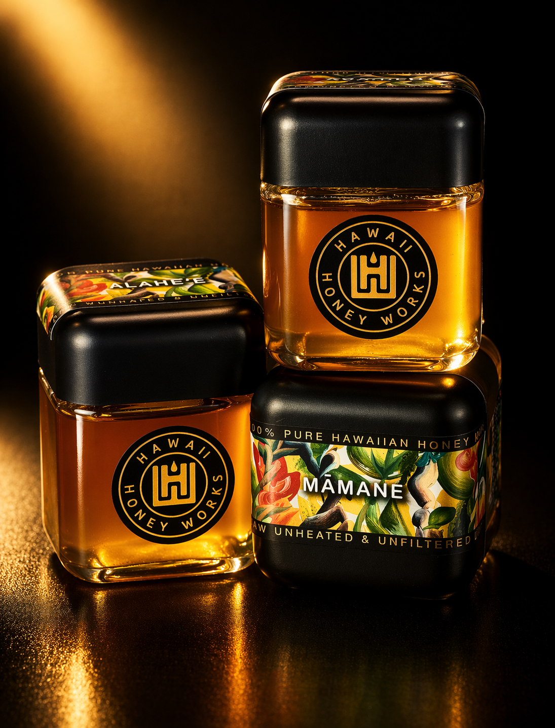 Hawaii Honey Works Māmane jars in dramatic studio light